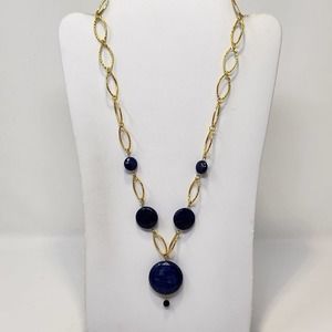 Lapis Lazuli Natural Stone Pendant Gold Tone Oval Chain Link Y Drop Necklace